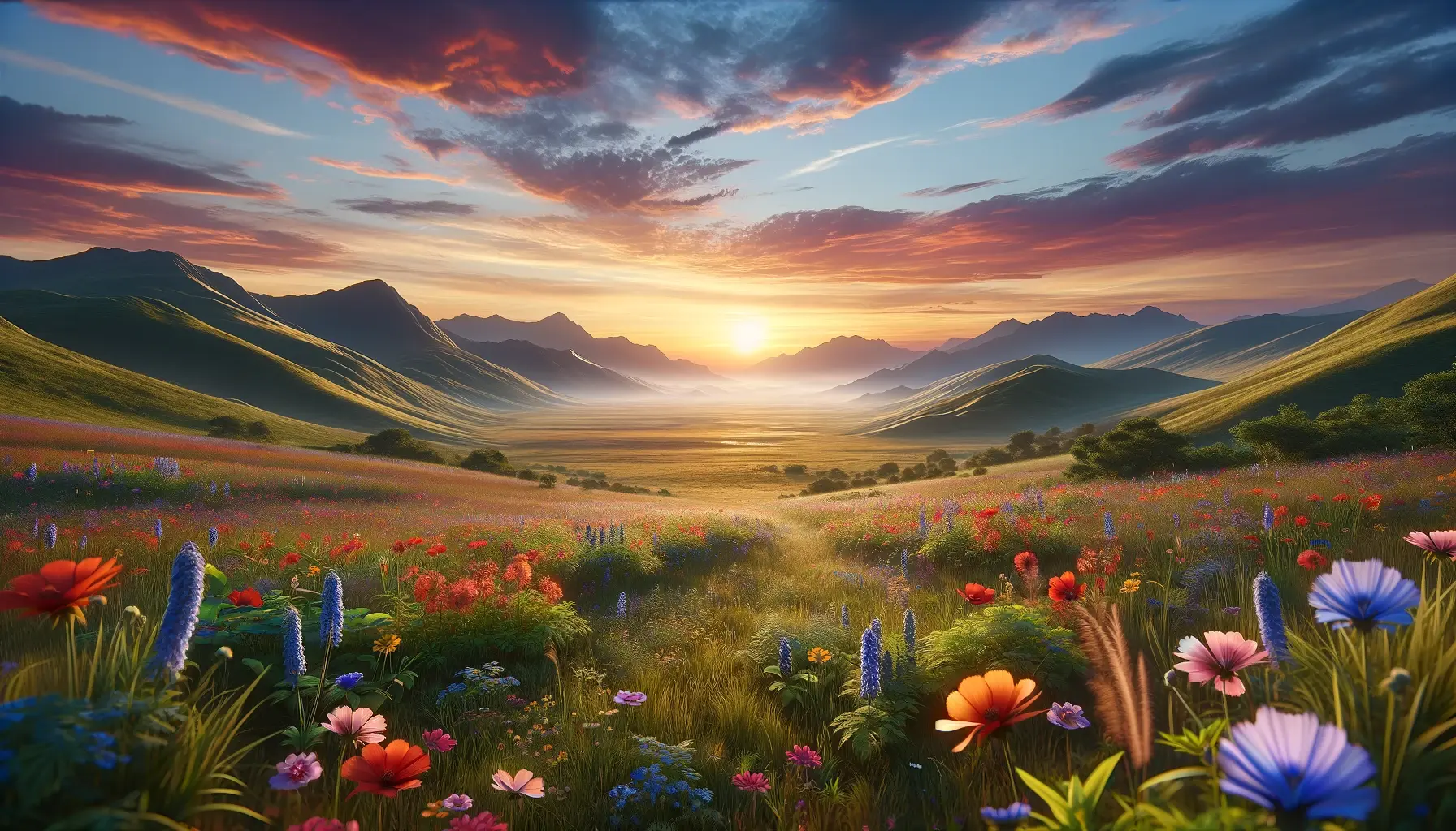 the lower reaches of the mountains on a summer morning