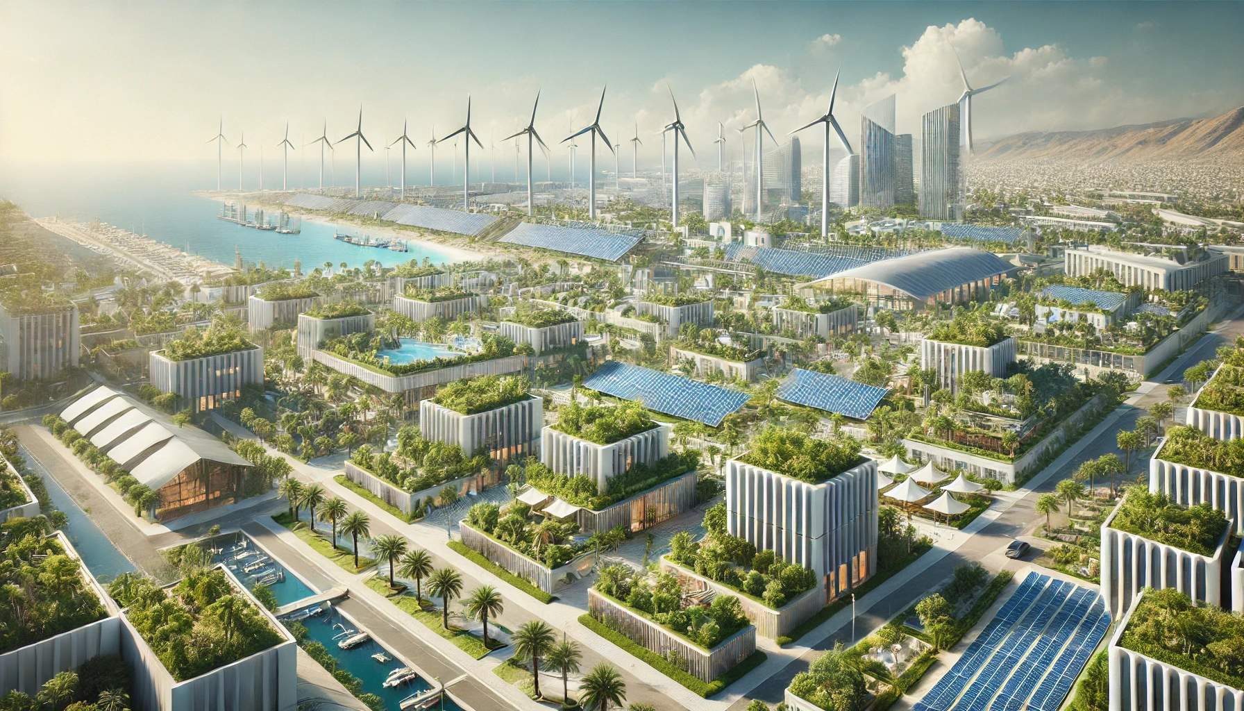 a modern, eco-friendly Mediterranean cityscape showcasing advanced environmental management technologies.