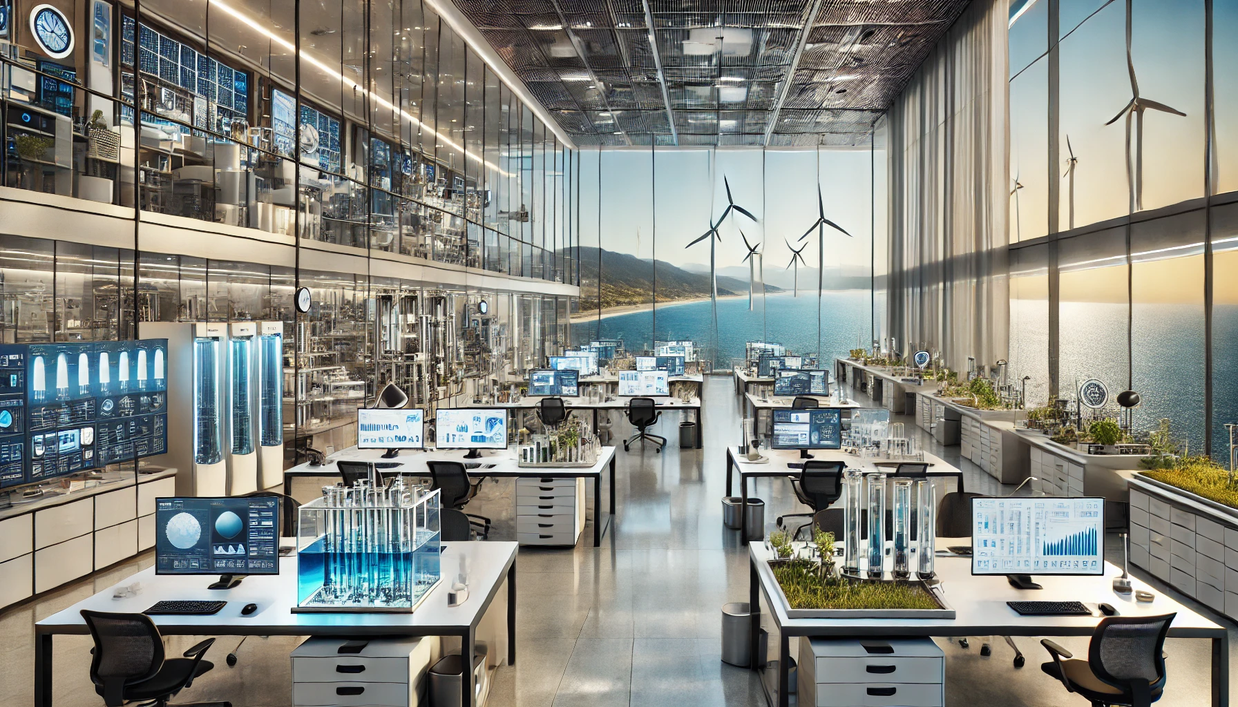 a modern research laboratory dedicated to environmental innovations in the Mediterranean region. The lab is filled with advanced equipment for studying water management and renewable energy.