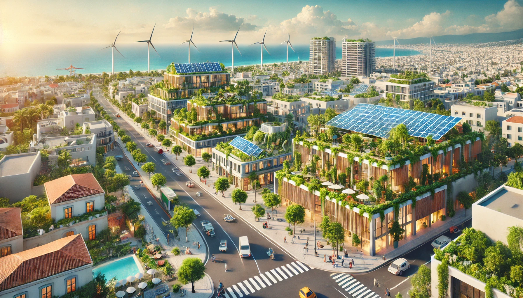 a Mediterranean coastal landscape showcasing innovative renewable energy solutions like wind turbines and solar panels. The scene includes a vibrant, diverse ecosystem with clear blue waters, lush greenery, and a variety of local wildlife, illustrating a harmonious balance between technological development and natural preservation.