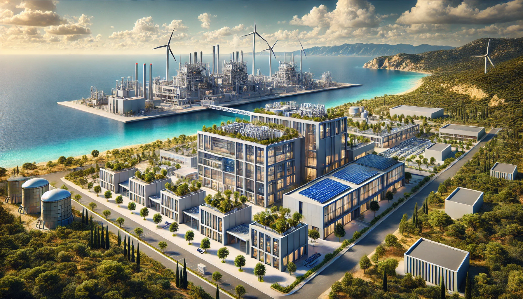 advanced Mediterranean research facility integrating Industry 4.0 technologies. The facility is set against a scenic coastal background, showcasing a blend of modern architecture and lush green landscapes.