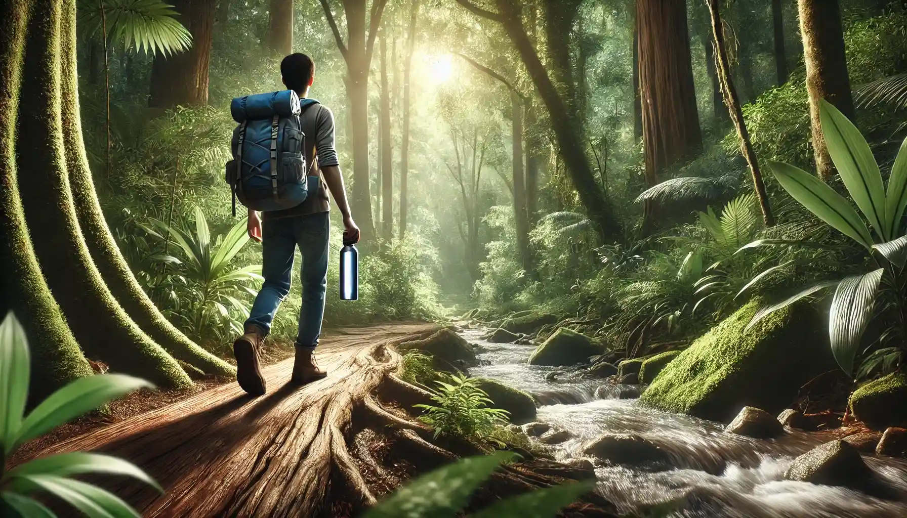 A responsible traveler is exploring a lush forest trail, while using a reusable bottle, carefully staying on the marked path to protect the fragile ecosystem.