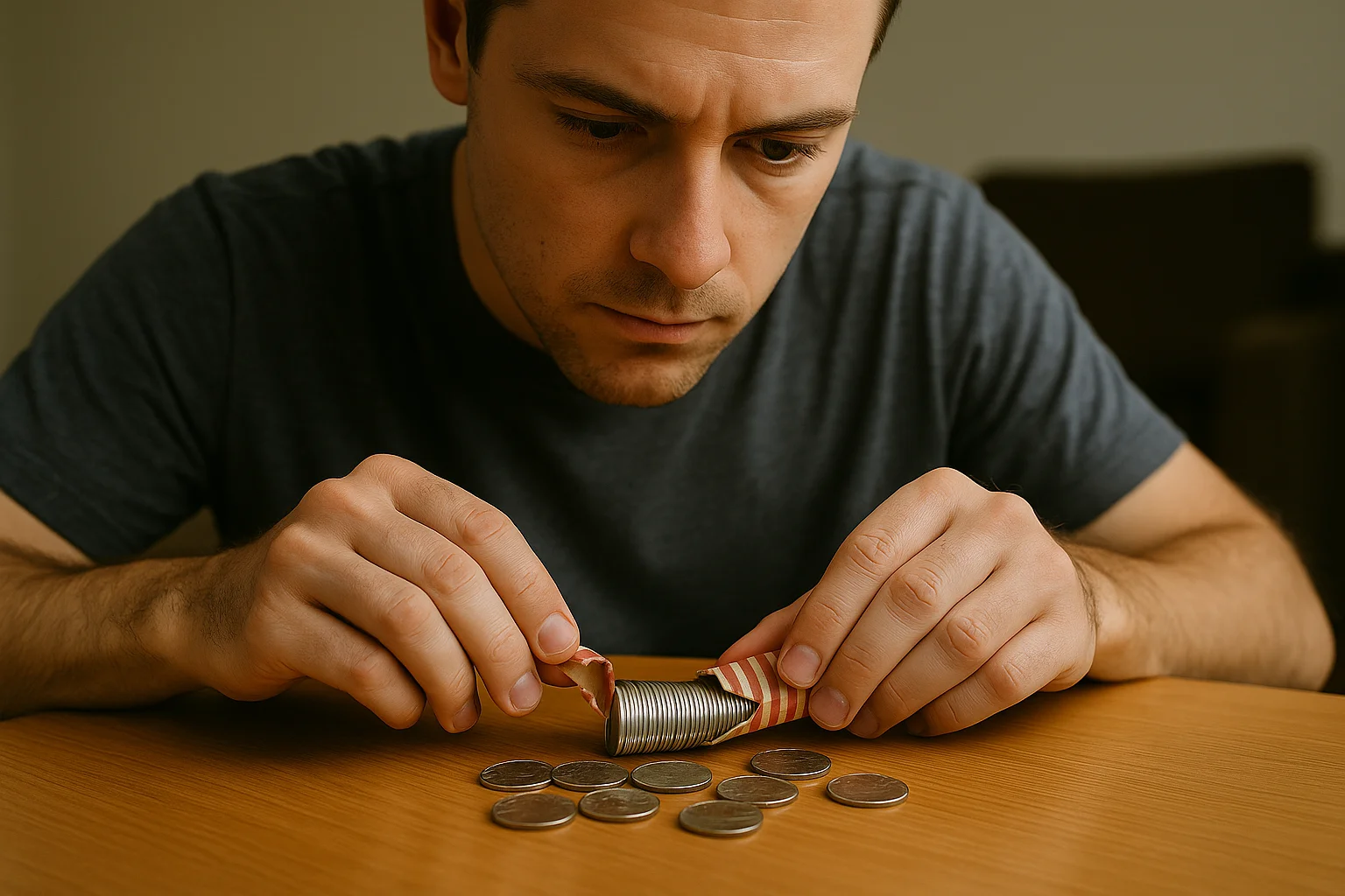 A coin hunter opens a roll of quarters and inspects each piece closely, checking dates and mint marks in search of valuable varieties.