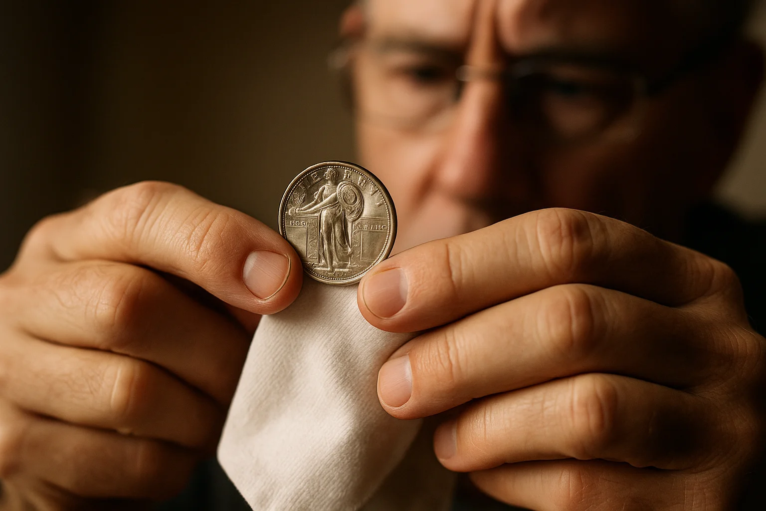 A collector carefully holds a Standing Liberty quarter by the edges over a soft cloth, examining the fine details under gentle light to evaluate surface condition.