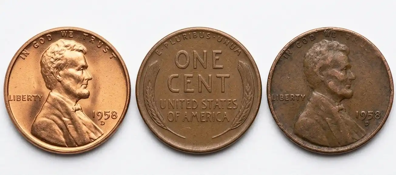 Three wheat pennies spaced evenly with increasing wear levels